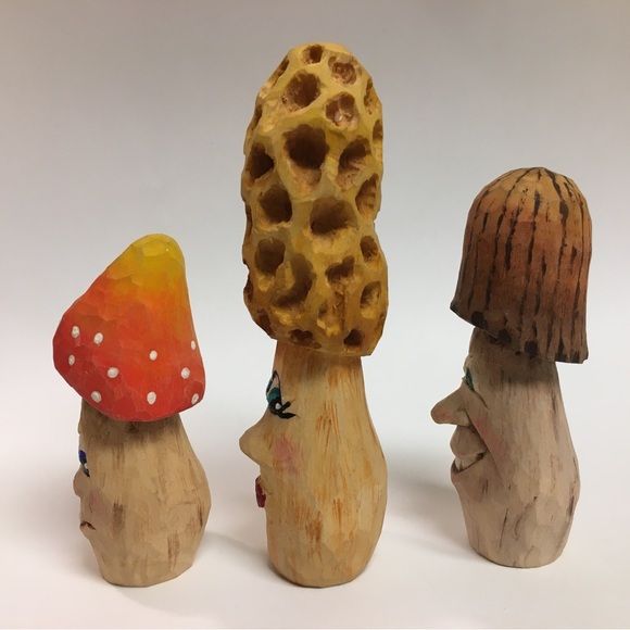 Hand Carved Wooden Mushroom Trio - Picture 2 of 4